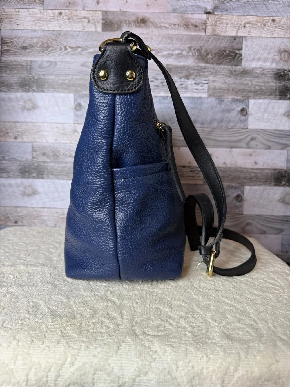 Valentina Navy Blue Pebbled Leather Crossbody with Gold Hardware